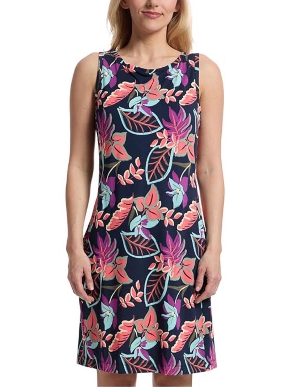 Columbia Chill River Printed Dress in a dark tropical floral.